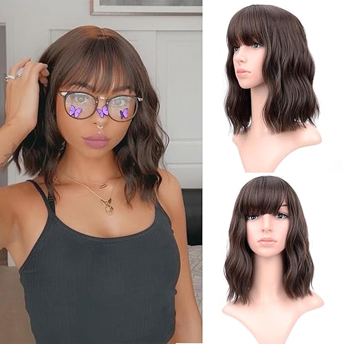 VCKOVCKO Short Bob Wigs Natural Brown Wavy Wig With Air Bangs