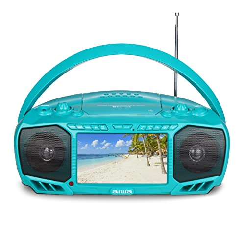 Aiwa Portable Boombox, Crystal Clear Sound with 3W x 2 Speakers and Bass Function, Featuring a 7" LCD Display, Bluetooth Connectivity, FM Radio, CD/DVD Player, Streaming on Roku and Amazon Firestick - Aqua Blue