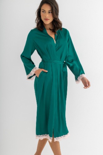 Dusk Satin and Lace Kimono Sleeve Dressing Gown - Green/Pink