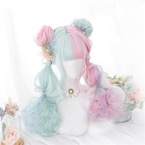 Mint & Pink Bun Wig - Wig with Buns
