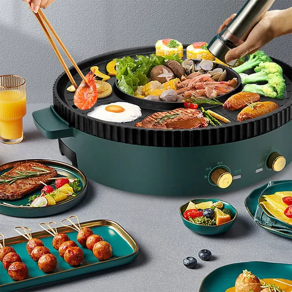 2 in 1 Electric Grill and Hot Pot, BBQ Smokeless Grill, Independent Dual Temperature Control Non-Stick Pan Easy Cleaning, Suitable for 3-12 People,Square pot