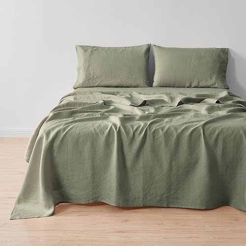 100% Pure European Flax Linen Sheet Set - 4 Pc Queen Size Bed Sheets - Breathable for Hot Sleepers and Durable Bedding Set - 1 Flat Sheet, 1 Fitted Sheet, 2 Pillowcases (Queen, Moss) - Queen - Moss