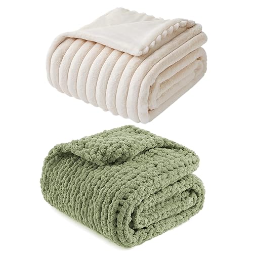 Amélie Home 50"x 70" Luxury Faux Fur Throw Blanket Ivory, and 50" x 60" Sage Green Handmade Chunky Knit Throw Combo