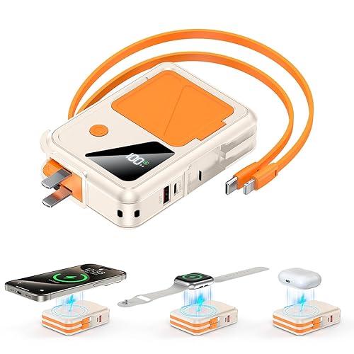 Wireless Portable Charger,3-in-1 Magnetic Power Bank 10000mAh Built in Cables and AC Plug,22.5W Fast Charging Mag-Safe Battery Pack,Compatible with iPhone 15/14/13/12,Apple Watch Series,Airpods - White