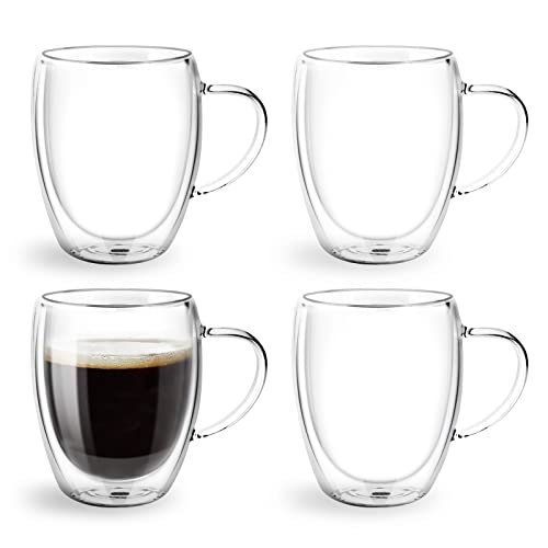 Glass Coffee Mugs 350ml, Top-spring 12oz Clear Glass Coffee Cups with Handles - Set of 4 Double Wall Insulated Coffee Mug Tea Latte Espresso Cups - 12oz
