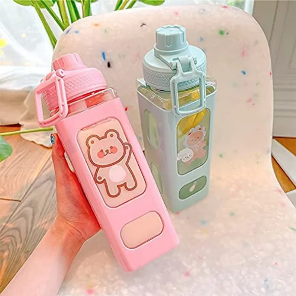 DKIIL NOIYB 700ml Kawaii Bear Water Bottle With Straw Plastic Portable Square Drinking Bottle Large Kawaii Water Bottle for Girl Cute Juice Tea Water Cups (With Sticker)