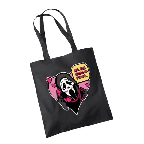 No You Hang Up First Tote Bag Cotton Shopper Funny Slasher Thriller Horror Woodsboro High School Ghostface Ghost Mask 90's Movie Cinema Film Gift Present