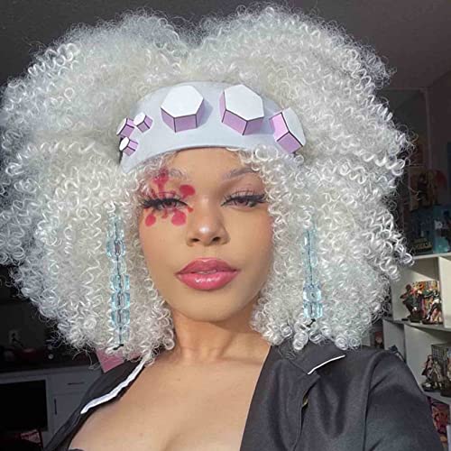 YOSILADY White Short Kinky Curly Wigs for Black Women Afro Curly Wig with Bangs Synthetic Cute Bouncy Heat Resistant Wig for Daily Use (White) - Kinky Curly - White