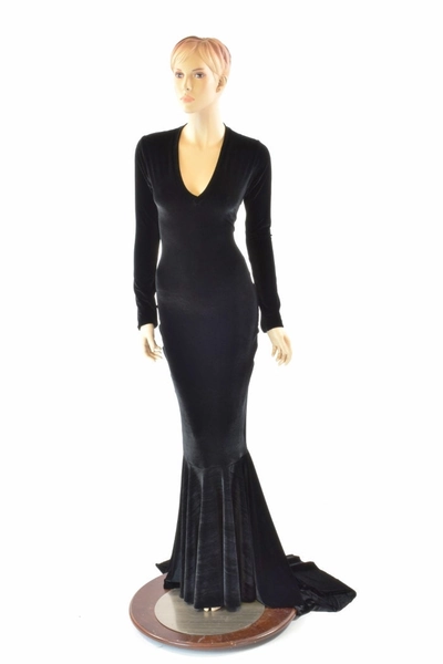 Black Velvet Morticia V-Neck Gown with Long Sleeves and Puddle Train 151555