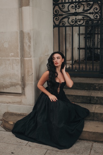 Anis 23 | Lace-up Jacquard Linen Corset Dress | Black / L