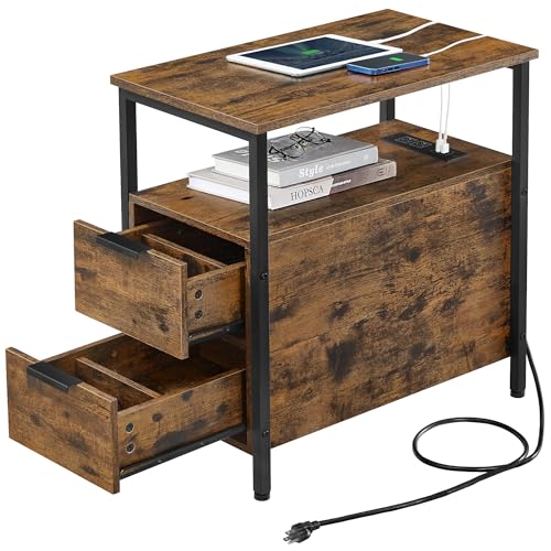 VASAGLE Side Table with Charging Station, Narrow End Table with 2 Drawers, Slim Nightstand and Bedside Table with Storage, for Small Spaces, Rustic Brown + Black - Rustic Brown + Black