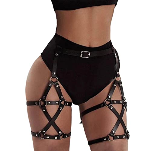 Gemily Punk Waist Chain Belt Leather Black Body Chain Party Leg Harness Garter Rave Body Jewelry for Women and Girls - 2