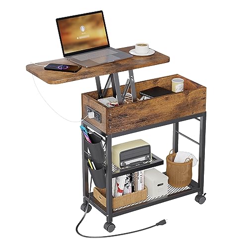 Colima Lift Top End Table with Charging Station and Wheels, Sofa Side Table with USB Port & AC Outlets, Movable Bedside Nightstand with Side Bag for Office Living Room Bedroom(Rustic Wood) - Rustic Brown