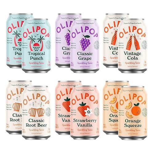 Olipop - 6-Flavor Sparkling Tonic Variety Pack, Prebiotic Soda Sampler, Contains Rich in Botanicals, High Fiber, Vegan, Paleo-Friendly, Non-GMO (12 oz, 12-Pack) - Best Sellers