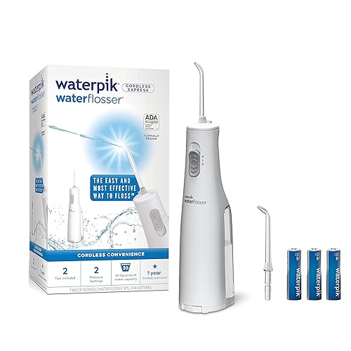 Waterpik Cordless Express Water Flosser, Battery Operated & Portable for Travel & Home, ADA Accepted, Waterproof for Shower Use, White WF-02, Packaging May Vary - White - AA battery