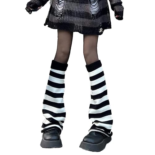JUENAWMIU Women Girl Flared Leg Warmers Striped Knit Socks Over Knee Wide Leg Warm Knitted Pile Socks Elephant Socks - One Size - White