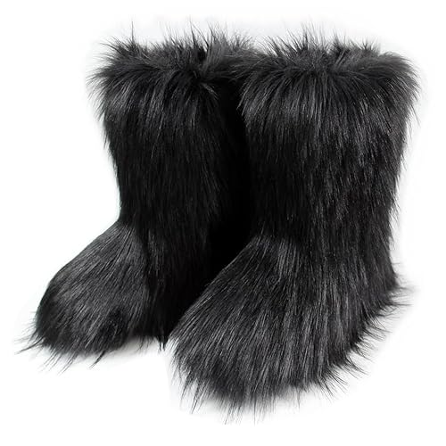 QMFUR Women's Furry Faux Fur Boots Fuzzy Fluffy Mid Calf Snow Boots Suede Warm Fur Lined Booties Flat Fashion Boots - 9 - Black