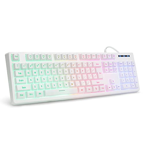 HUO JI White Gaming Keyboard USB Wired with Rainbow LED Backlit, Floating Keys, Mechanical Feeling, Spill Resistant, Ergonomic for Xbox, PS Series, Desktop, Computer, PC - White