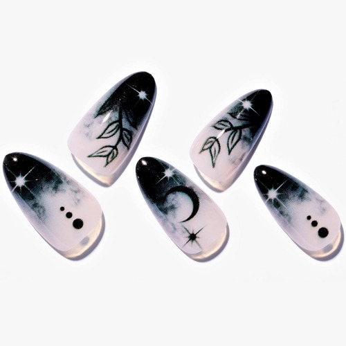 GLAMERMAID Short Almond Press on Nails, Ombre French Tip Fake Nails Medium Oval Black Gothic False Nail Kits UV Finish Stiletto Acrylic Stick Glue on Nails Sets Reusable Full Cover Nails for Women Girls Gift, 24Pcs - A2-Leaves Under Moonnight