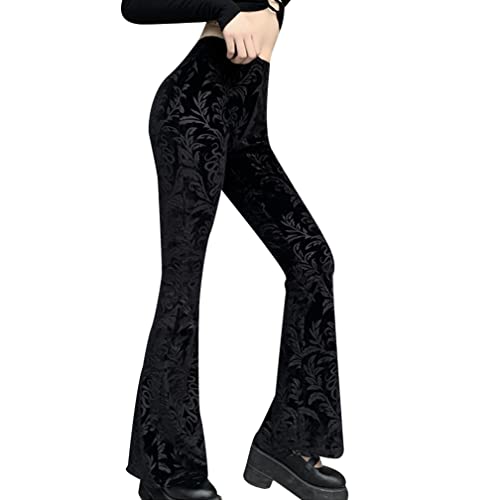 Instobig Women's Gothic Black Pants Alt Grunge Bottoms High Waisted Boho Hippie - Medium - Goth Velvet Flared Pants Palazzo Bell Bottoms