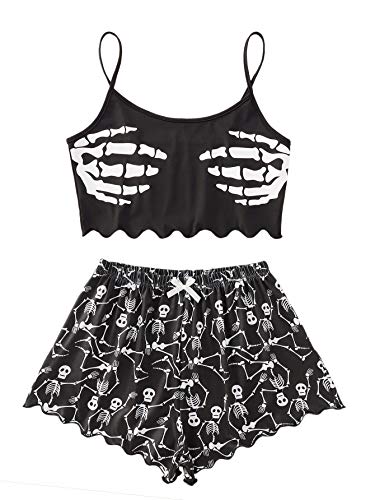 SweatyRocks Women's Summer Strawberry Print Cami Top and Shorts Sleepwear Pajamas Set - Small - Skull Black