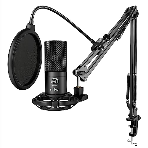 FIFINE Studio Microphone USB à Condensateur pour Ordinateur, Kit de Microphone avec Bras de Ciseau Réglable Support de Suspension - Noir