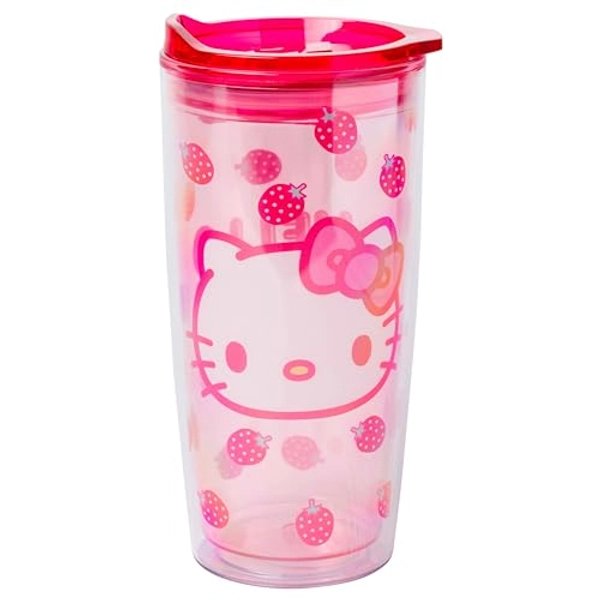 Silver Buffalo Sanrio Hello Kitty Strawberry Double Wall Travel Tumbler w/Slide Close Lid, 20 Ounces