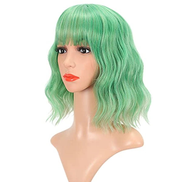 FAELBATY Green Wig Short Bob Wigs With Air Bangs Shoulder Length Wig For Women Curly Wavy Synthetic Cosplay Wig for Girl Costume Wigs (12" green color)