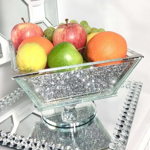 Silver Crushed Diamond Fruit Bowl Glass Sparkle Ornament Bling Gift Kitchen Storage Home Decor