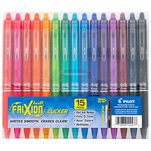 PILOT, FriXion Clicker Erasable Gel Pens, Fine Point 0.7 mm, Pack of 15, Assorted Colors - 15 Count (Pack of 1)