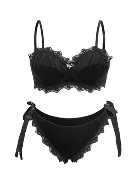 SHENHE Women's Plus Size Lace Trim Velvet Underwire Bra and Tie Side Panty Lingerie Set