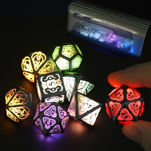 EXCECAR Wireless Charging DND Dice Set with Charging Box, Light Up Polyhedral Dice Set of D4 D6 D8 D10 D% D12 D20, 7PCS Glowing LED D&D Electronic Dice Set for RPG MTG Table Games - Armour Rgb Light