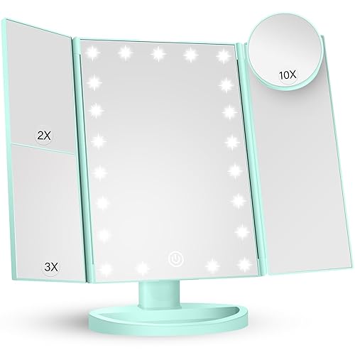 HUONUL Makeup Mirror Vanity with Lights, 2X 3X 10X Magnification, Lighted Mirror, Touch Control, Trifold Dual Power Supply, Portable LED Women Gift (Green) - Green