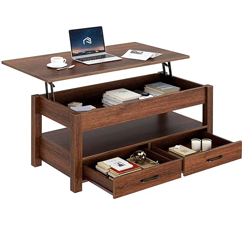Rolanstar Coffee Table, Lift Top Coffee Table with Drawers and Hidden Compartment, Retro Central Table with Wooden Lift Tabletop, for Living Room,Espresso - Espresso - 41.7