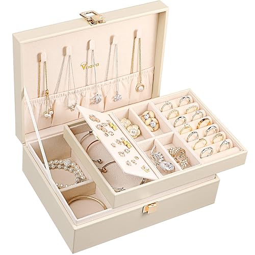 Voova Jewelry Box Organizer for Women Girls, 2 Layer Large Men Jewelry Storage Case, PU Leather Display Jewellery Holder with Removable Tray for Necklace Earrings Rings Bracelets, Vintage Gift,Apricot - Medium - M-Apricot