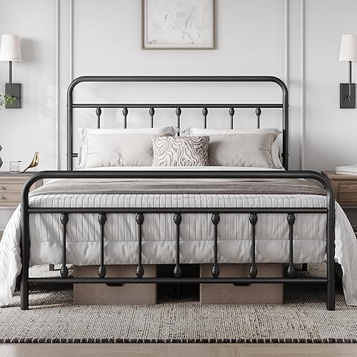 Yaheetech 4ft6 Double Bed Frame Vintage Iron Platform Bed with High Headboard and Footboard, Strong Metal-Framed Bed with Storage Black - Black - Double(4ft6)