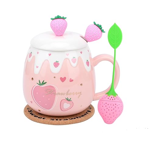 XinHuiGY Pink Mug,Cute Strawberry Cup with Cover Spoon,Ceramic Coffee Mug, Kawaii Cup for Tea Milk,Women Girls Student Korean Style 450ML Christmas Birthday Gift (Big Strawberry) - Big Strawberry