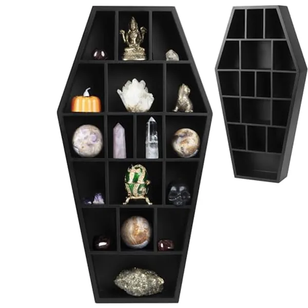 Gothic Curiosities Curio Coffin Shelf - Wooden Goth Decor for Display or Storage of Shot Glasses, Mini Figures, Rocks, and More - 18.5 by 9.75 by 2.75 Inches