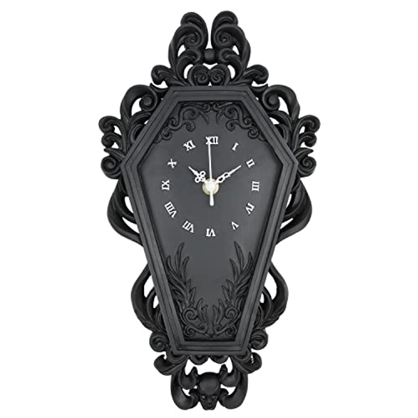 Dravira Coffin Wall Clock - Gothic Home Decor - Baroque Black Resin - Steampunk Skull - Medium Size - AA Battery NOT Included