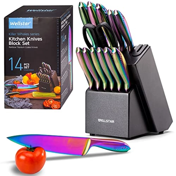 WELLSTAR Rainbow Knife Set of 14, Iridescent German Stainless Steel Kitchen Knives Set with Wooden Block Holder, Chef’s Knife Block Pack 14-Piece with Scissors and Built-in Sharpener