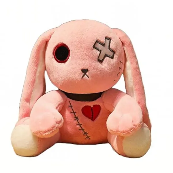 Spooky Goth Crazy Bunny Plush - 12in Pink Stuffed Easter Rabbit, Soft Huggable Halloween