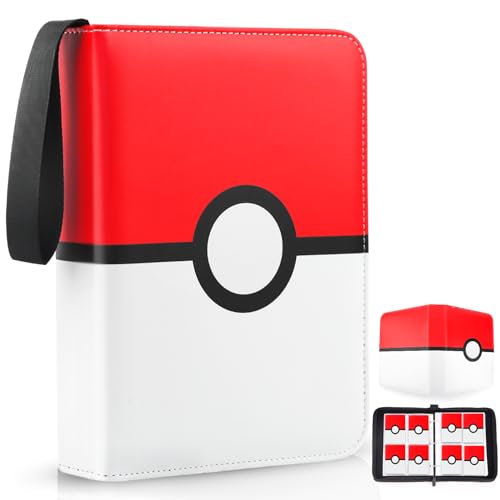 Card Binder 4 Pocket, Trading Card Holder Fits 400 Cards With 50 Removable Sleeves, Portable Collection Card Ablum, Game Card Case book With Zipper for Gift, Red - Red