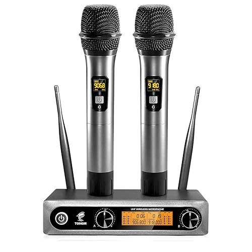 TONOR Wireless Microphone,Metal Dual Professional UHF Cordless Dynamic Mic Handheld Microphone System for Home Karaoke, Meeting, Party, Church, DJ, Wedding, Home KTV Set, 200ft(TW-820) - 2 Mics - Grey