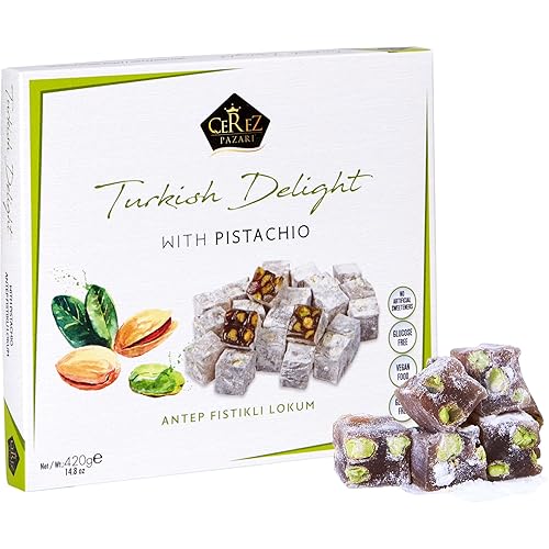 Cerez Pazari Turkish Delight Pistachio Candy Gourmet Premium Vegan Sweets Medium Gift Box 420g, Sweet Luxury Traditional Confectionery Soft Candy Dessert Glucose Free Lokum (Loukoumi) - Medium