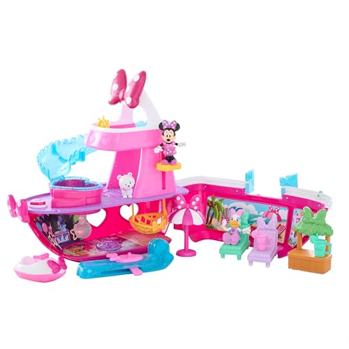 Just Play Disney Junior Minnie Mouse Bowdazzling Yacht Playset, Lights and Sounds, 14-Piece Playset with Figures, Pink, Boat, Kids Toys for Ages 3 Up