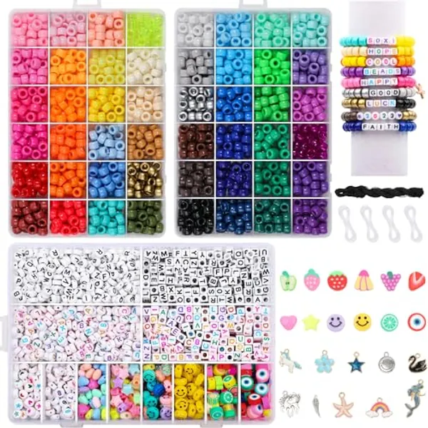 Song Xi 3500pcs Friendship Bracelet kit, 48 Colors Pony Beads for Bracelets Included Kandi Beads, Letter Beads, Number Beads, Elastic Strings, Bracelet Making Kit for Girls Back to School Supplies