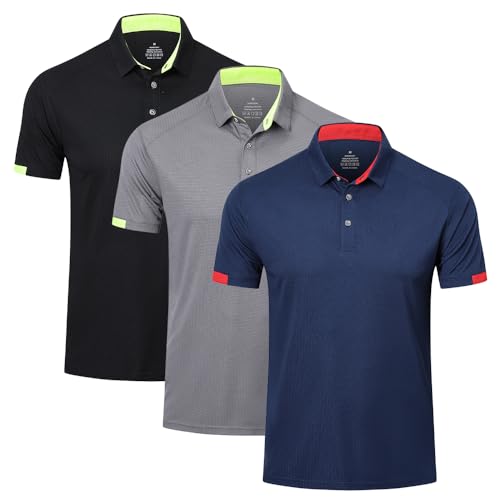 HUAKANG 3 Pack Mens Polo Shirts Short Sleeve Breathable Quick Dry Golf Polo Shirts Mens Running Sports Tee Top Gym Workout Polo T Shirts - L - 0black Grey Navy