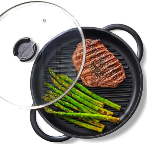 Jean-Patrique The Whatever Pan, Griddle Pan for Induction or Stove Top - Non-Stick Grill Pan, Lighter Than Cast Iron Pan, with Lid, 10.6" Diameter - Original - Single