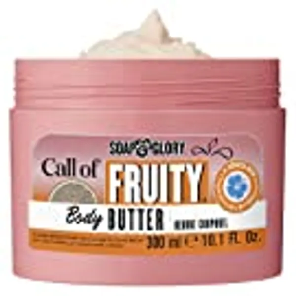 Soap & Glory Call of Fruity Body Butter - Skin Hydration Body Moisturizer with Vitamin E, Coconut Oil + Aloe Extracts - Tropical Fruits, Juicy Melon + Hibiscus Cocoa Butter for Dehydrated Skin (300ml)