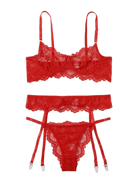 SheIn Women's 3 Piece Floral Lace Lingerie Set with Garter Belts Sexy Bra and Panty